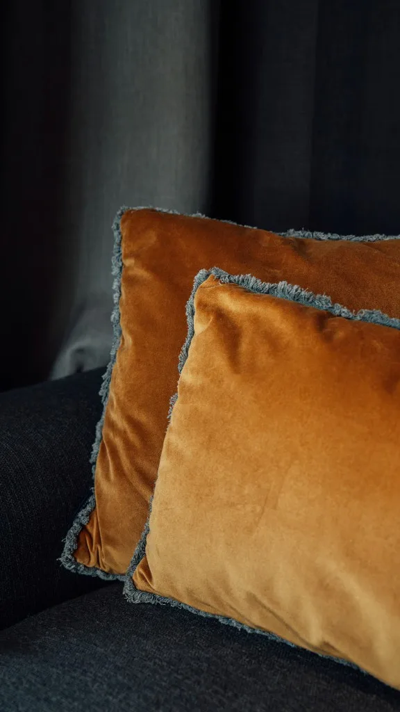 Detail of orange velvet cushions with fringes