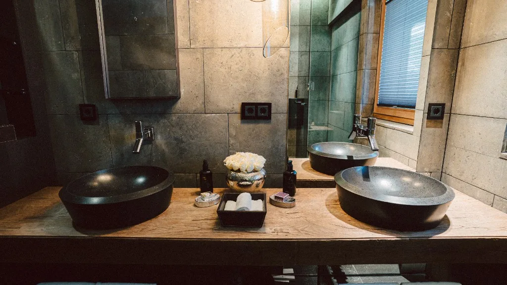 Bathroom with two stone basins on a reclaimed wood counter