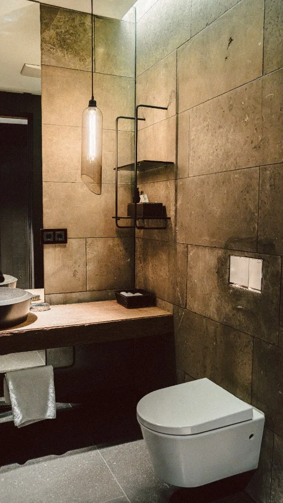 Bathroom with natural stone tiles, washstand and toilet